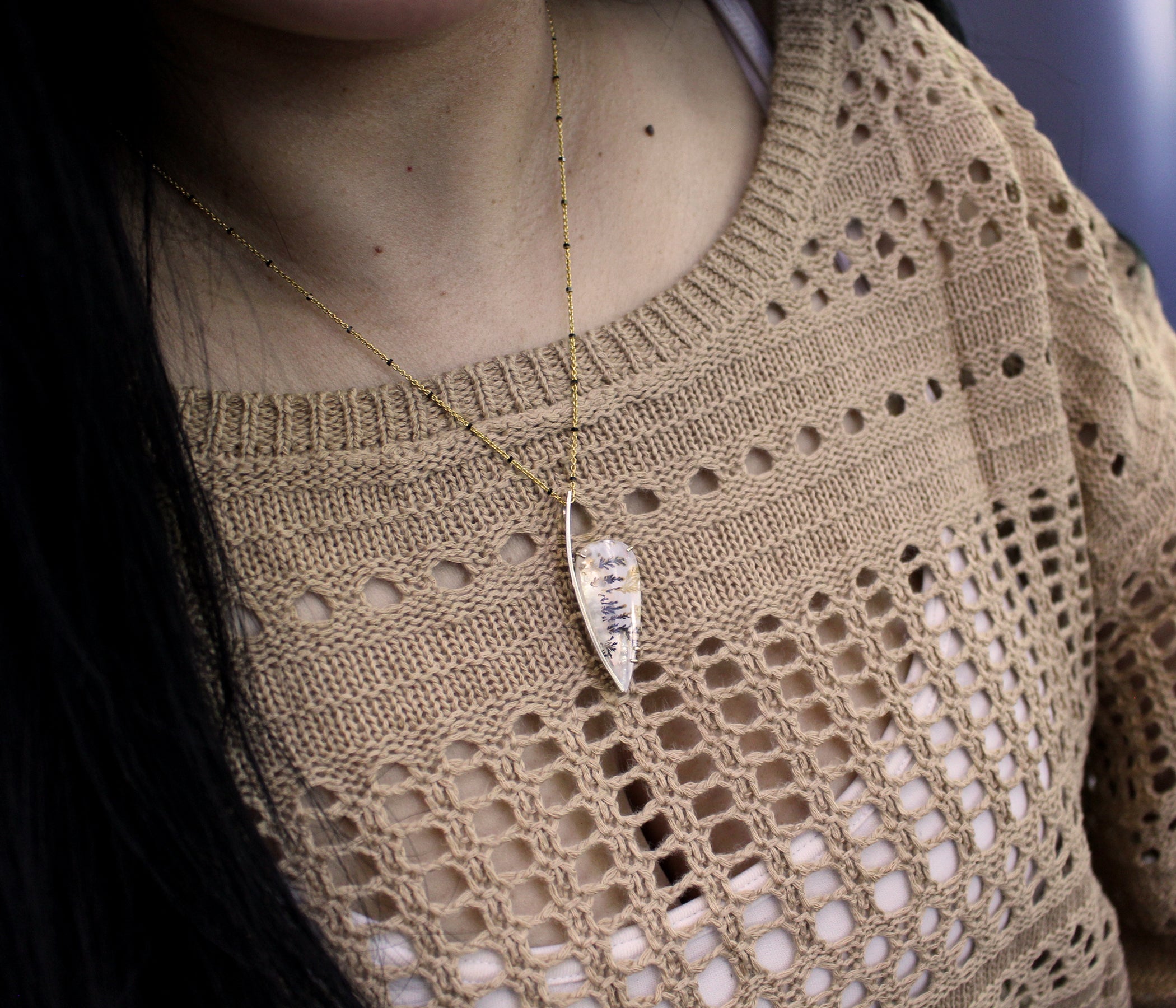 Dendritic Quartz Floral Offset Teardrop Gold Necklace