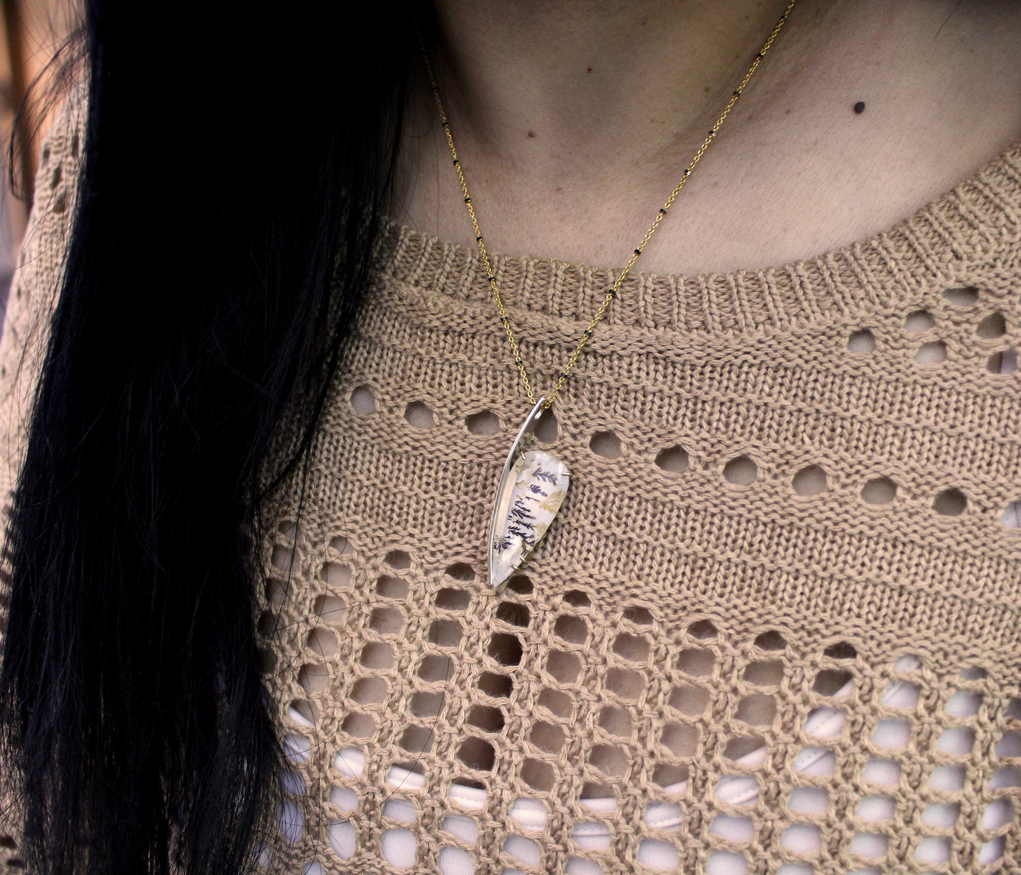 Dendritic Quartz Floral Offset Teardrop Gold Necklace