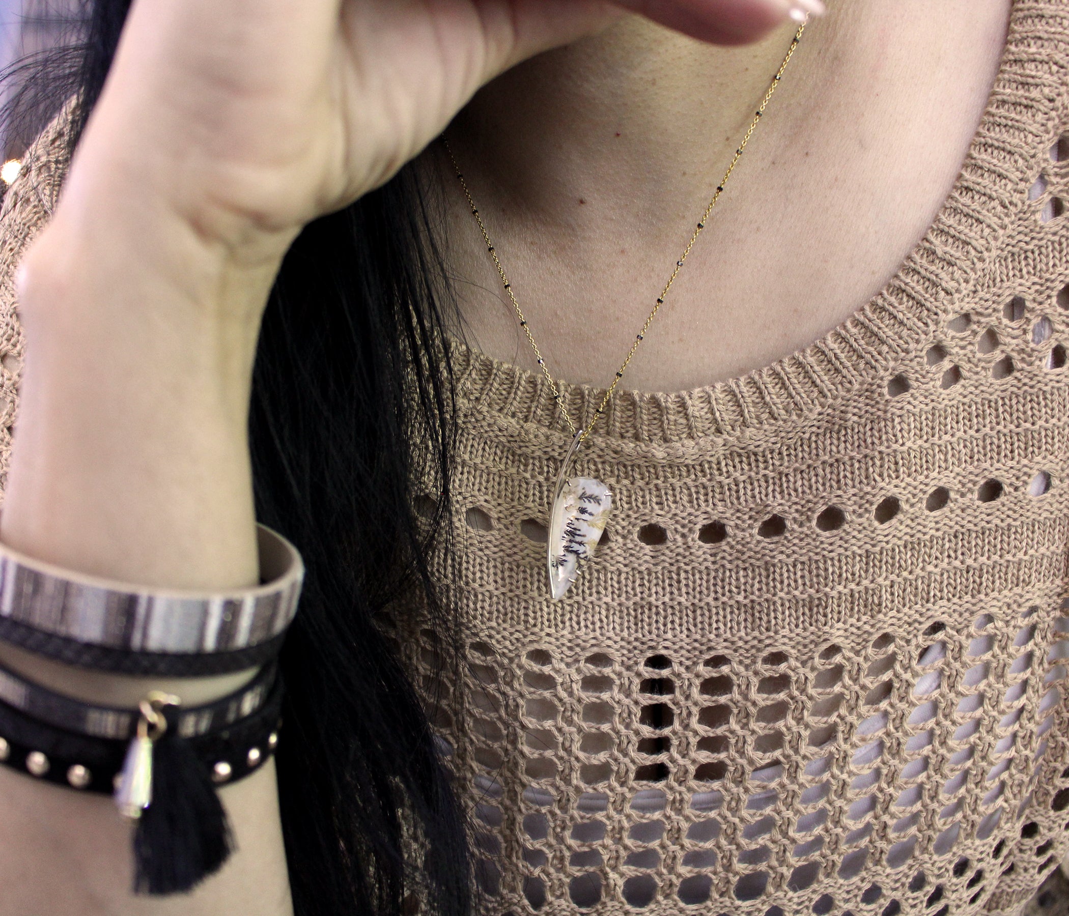 Dendritic Quartz Floral Offset Teardrop Gold Necklace