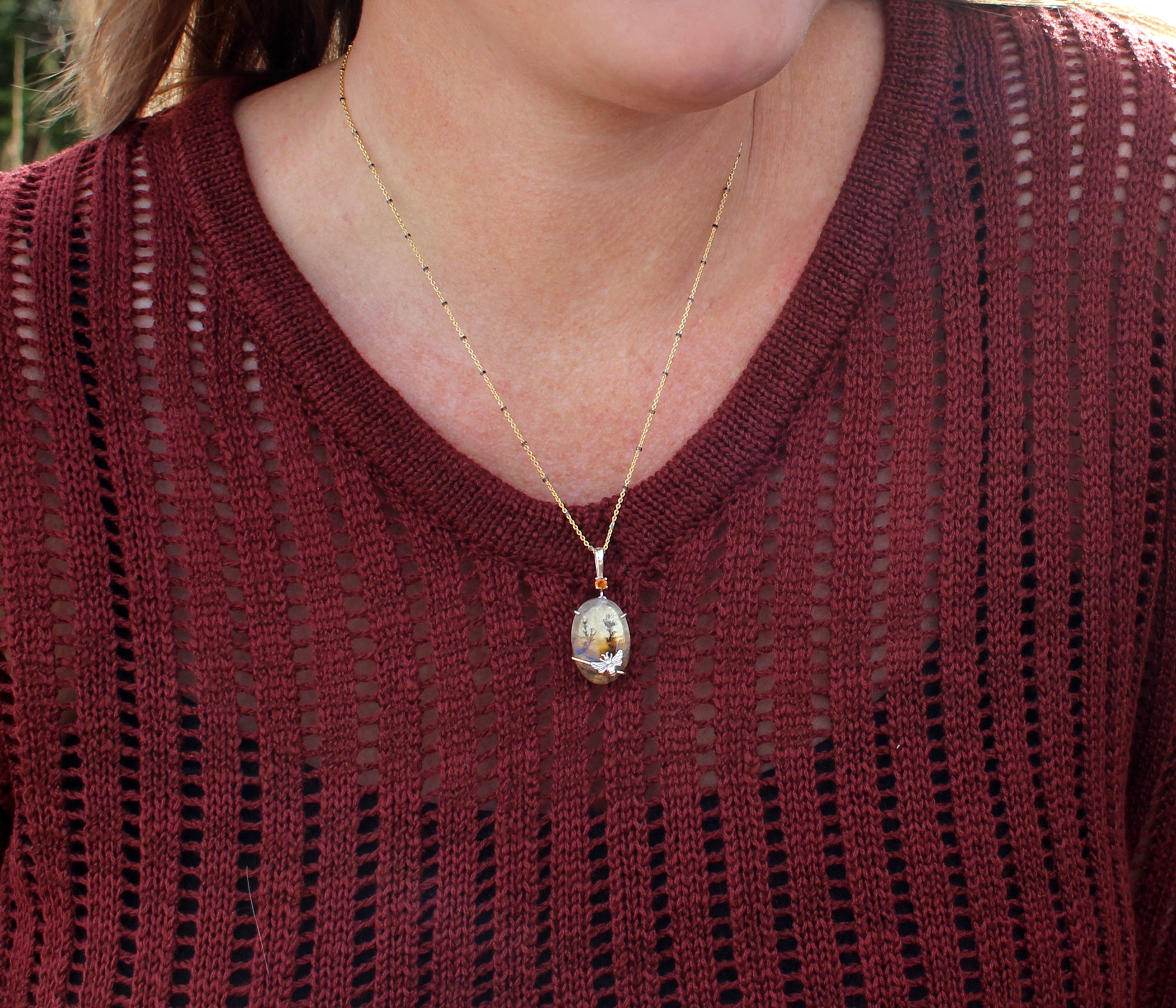 Dendritic Quartz Floral Oval Bee Gold Necklace