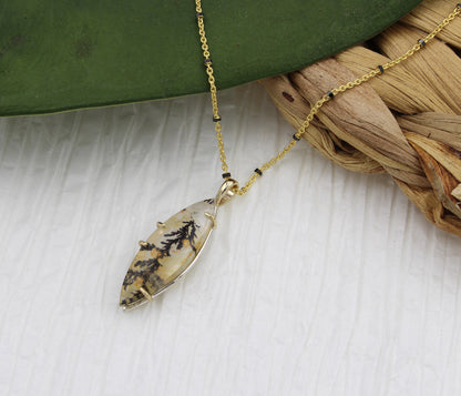 Dendritic Quartz Floral Marquise Gold Necklace