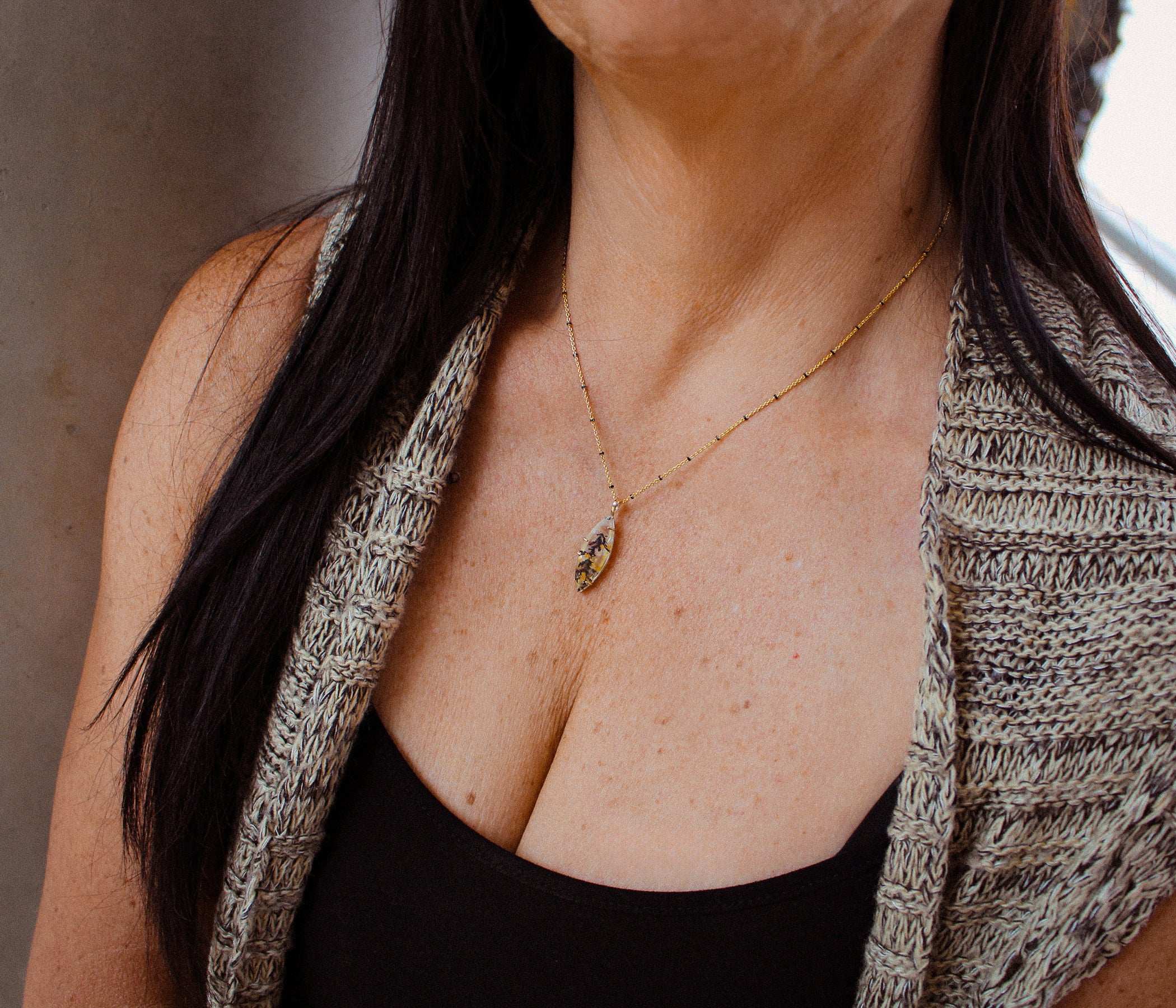 Dendritic Quartz Floral Marquise Gold Necklace