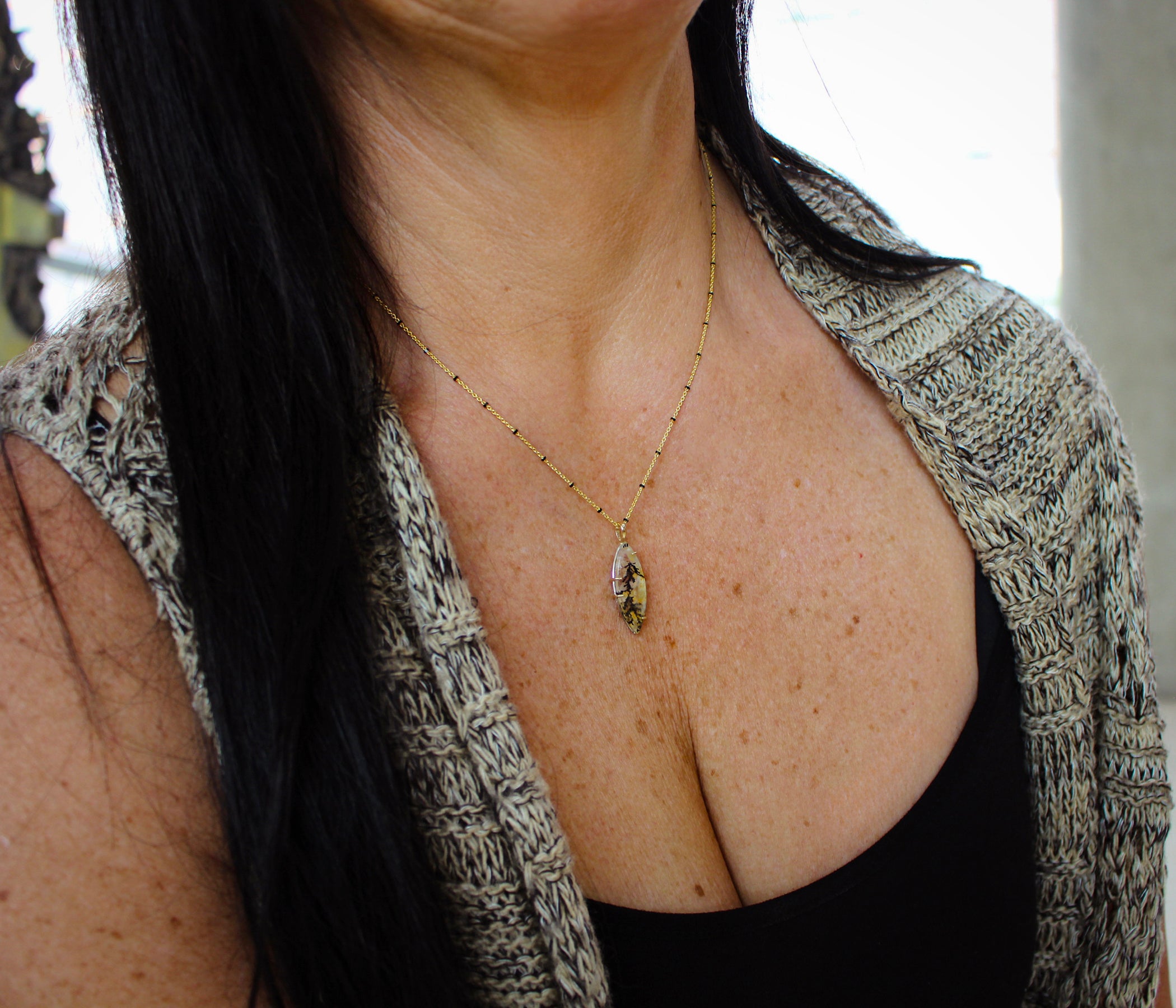 Dendritic Quartz Floral Marquise Gold Necklace