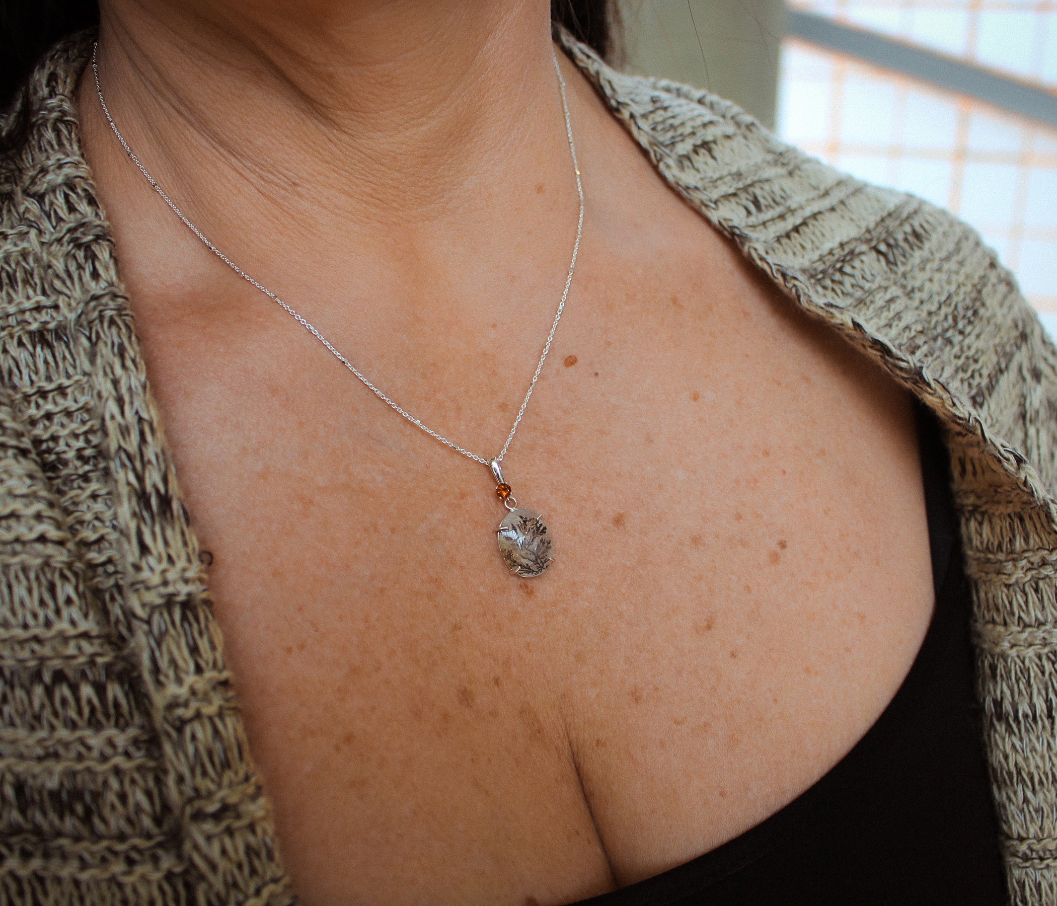 Dendritic Quartz Floral Small Oval Citrine Necklace