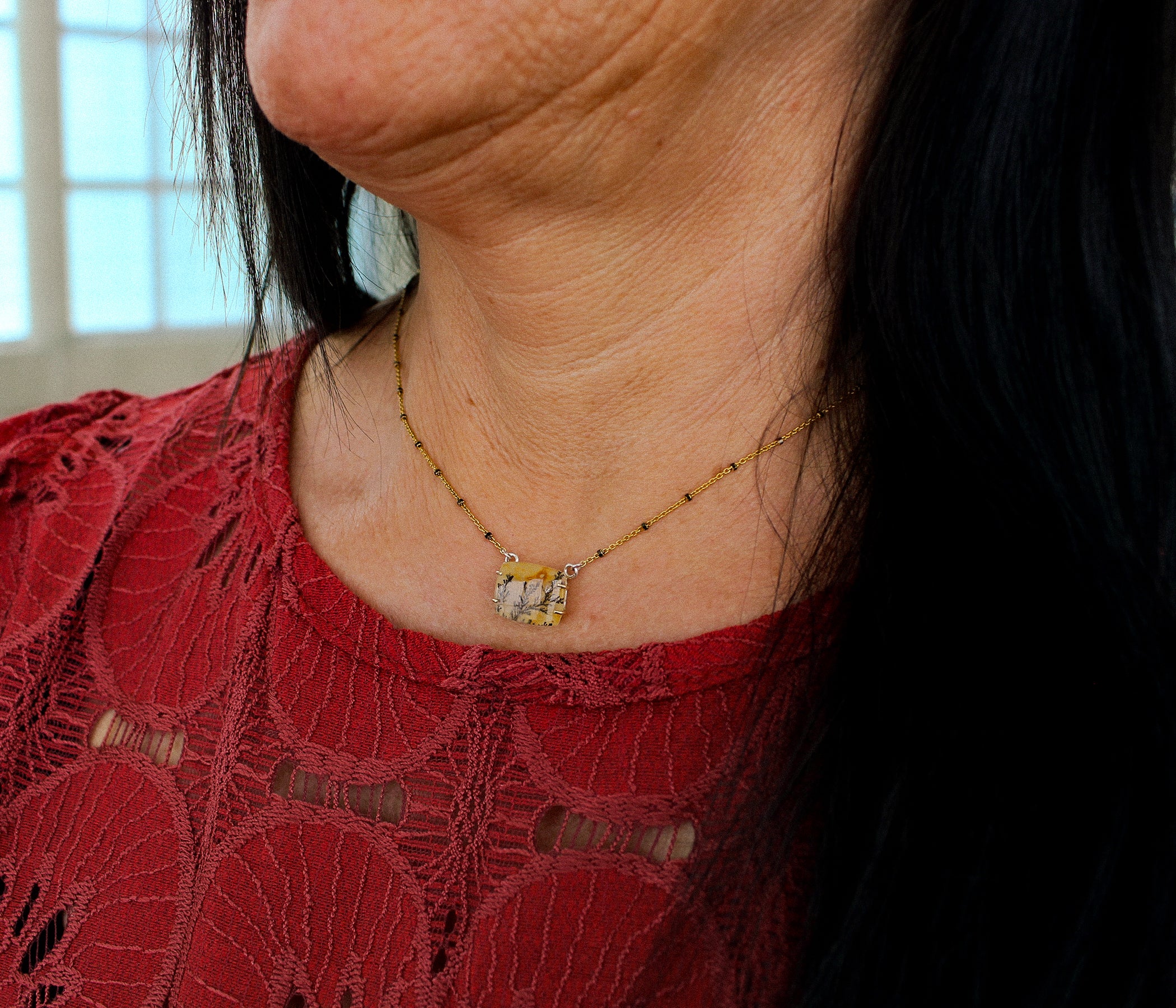 Dendritic Quartz Floral Small Rectangle Gold Necklace
