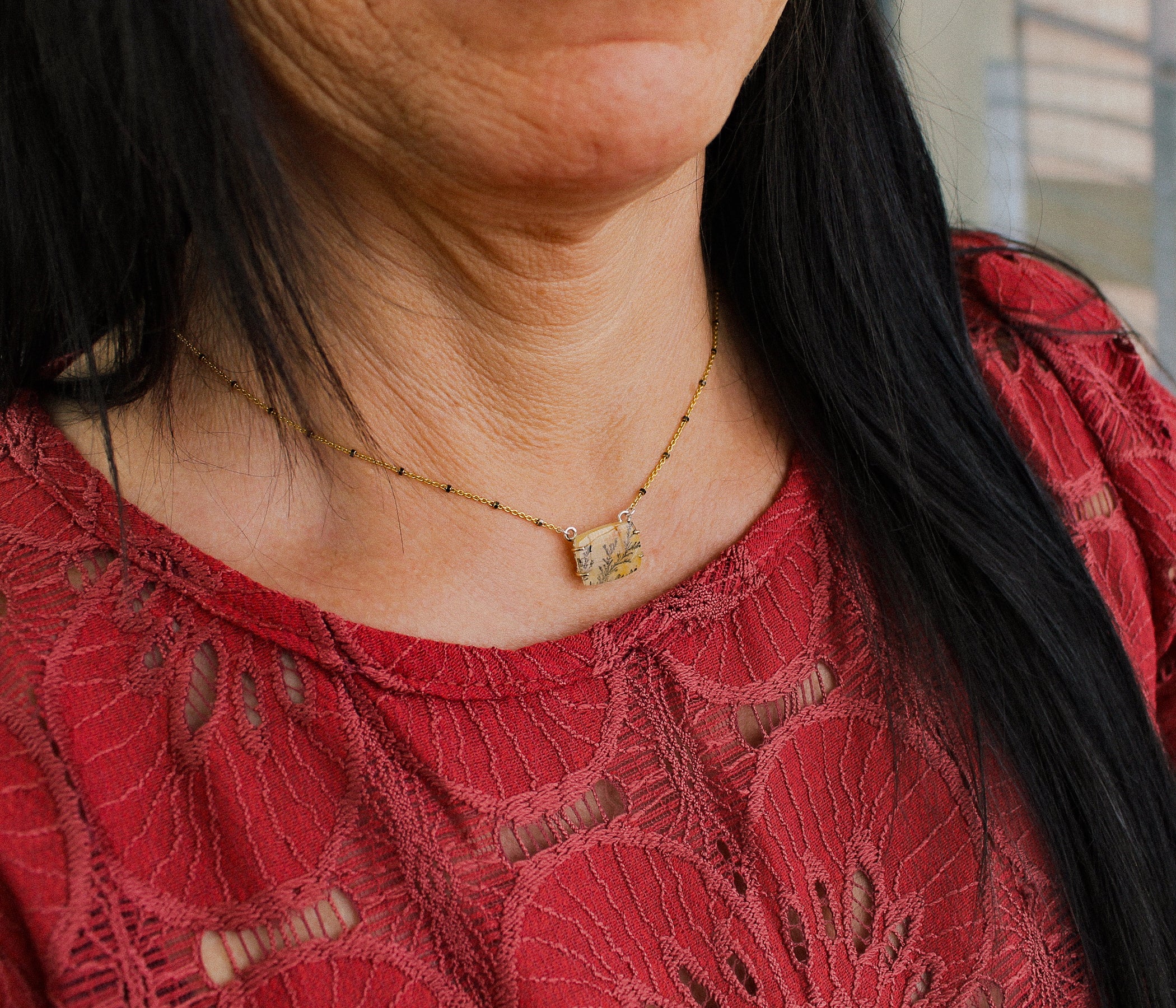 Dendritic Quartz Floral Small Rectangle Gold Necklace