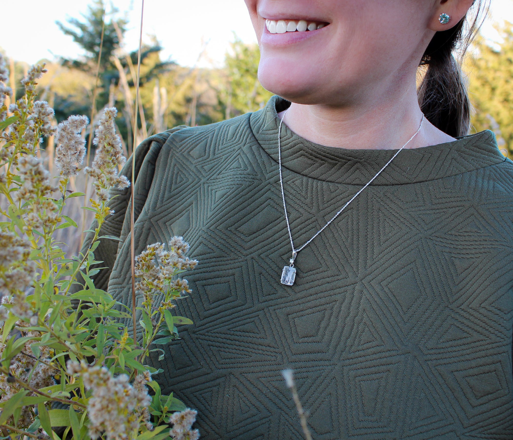 Dendritic Quartz Floral Small Rectangle Lemon Necklace