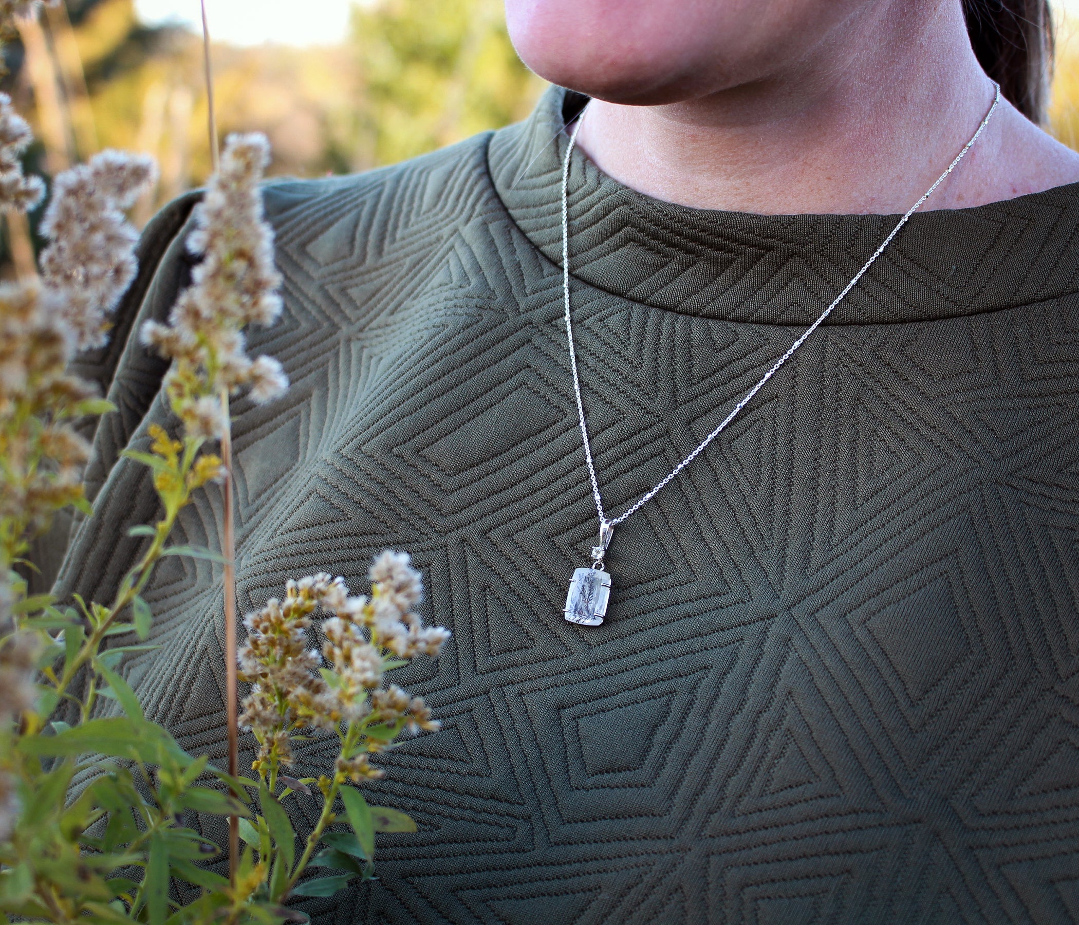 Dendritic Quartz Floral Small Rectangle Lemon Necklace
