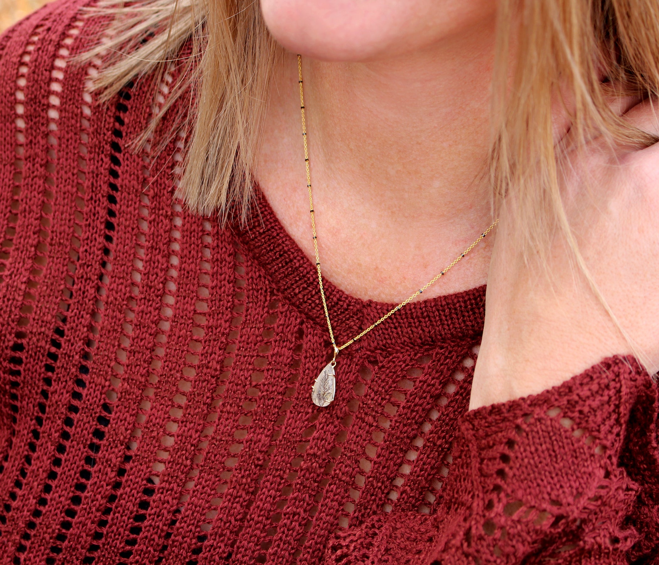 Dendritic Quartz Floral Small Teardrop Gold Necklace