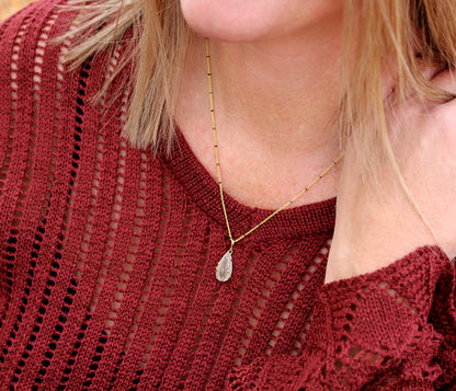 Dendritic Quartz Floral Small Teardrop Gold Necklace