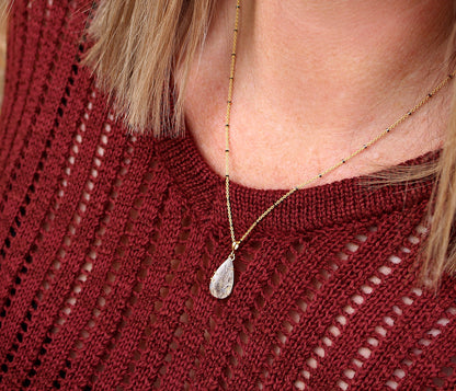Dendritic Quartz Floral Small Teardrop Gold Necklace