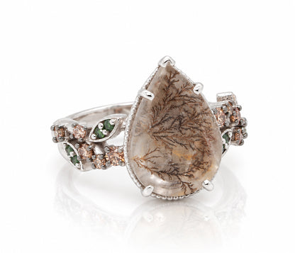 Dendritic Quartz Floral Teardrop Diamond Ring
