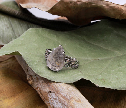 Dendritic Quartz Floral Teardrop Diamond Ring