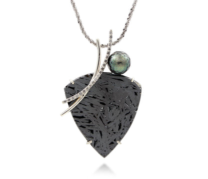 Double Curve Meteorite Pearl Diamond Necklace