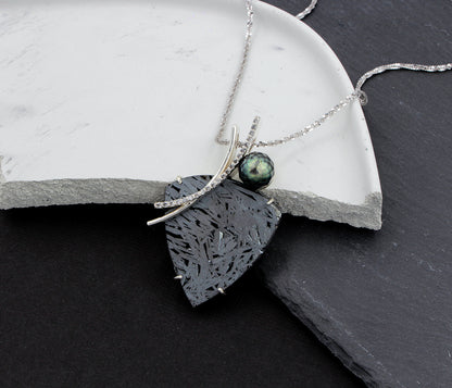 Double Curve Meteorite Pearl Diamond Necklace