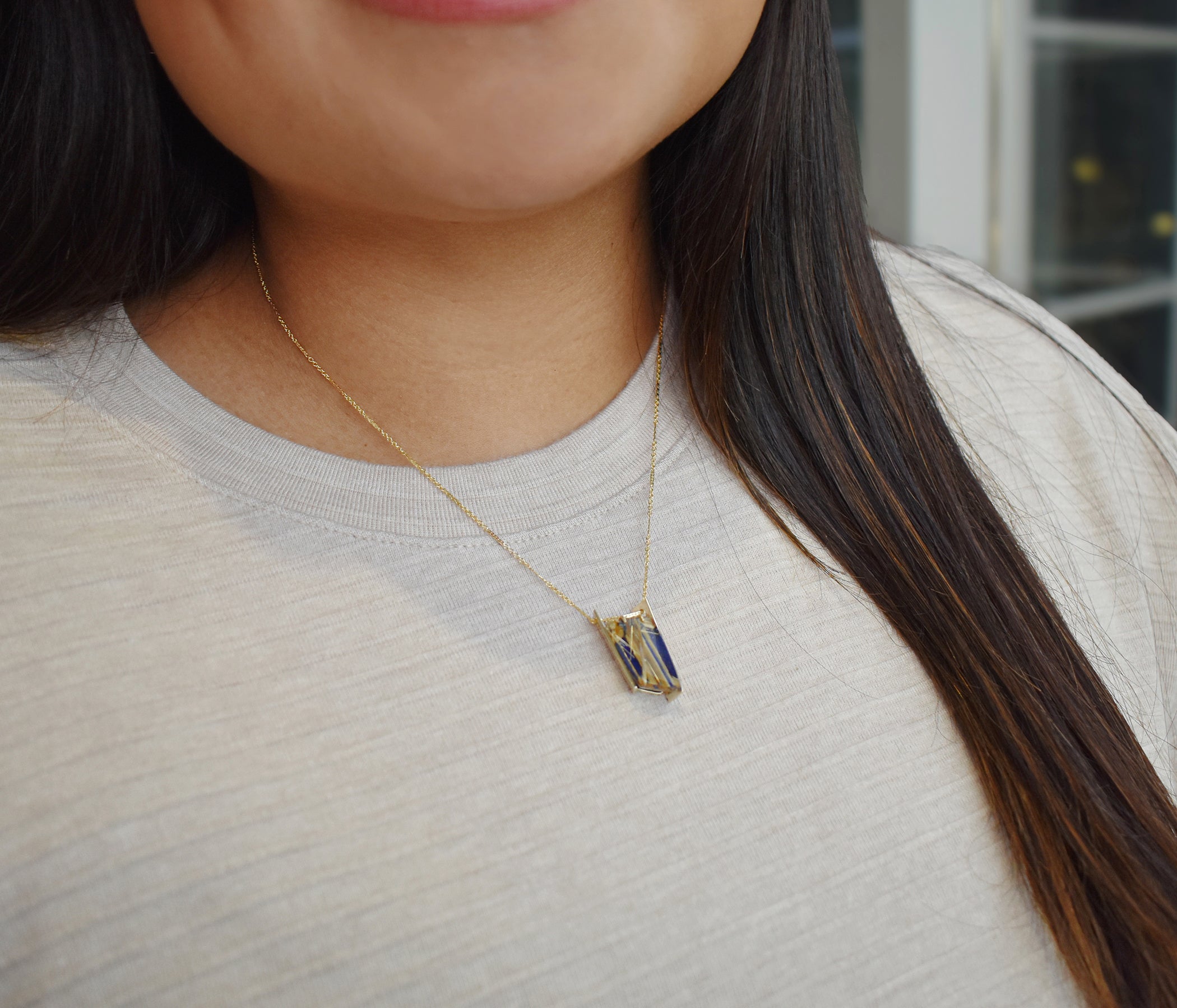 Double Bar Rutilated Quartz Lapis Gold Necklace