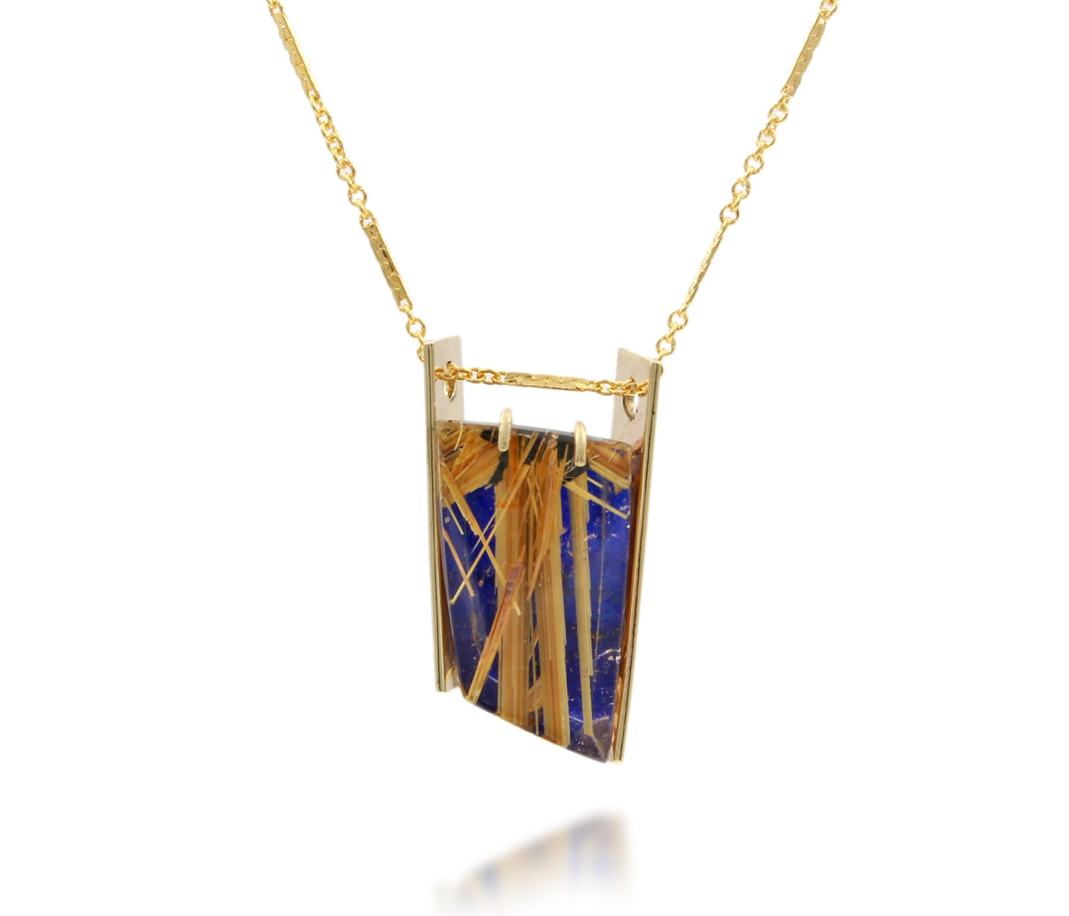 Double Bar Rutilated Quartz Lapis Gold Necklace