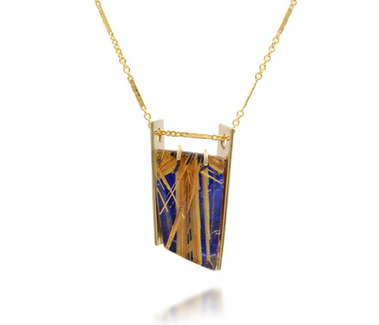 Double Bar Rutilated Quartz Lapis Gold Necklace