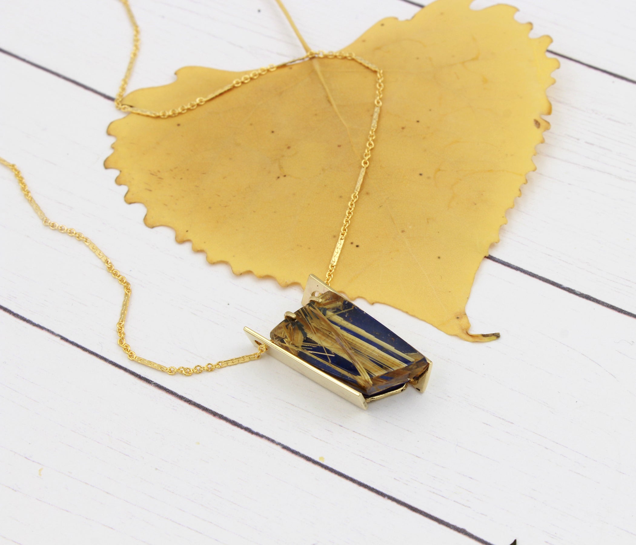 Double Bar Rutilated Quartz Lapis Gold Necklace