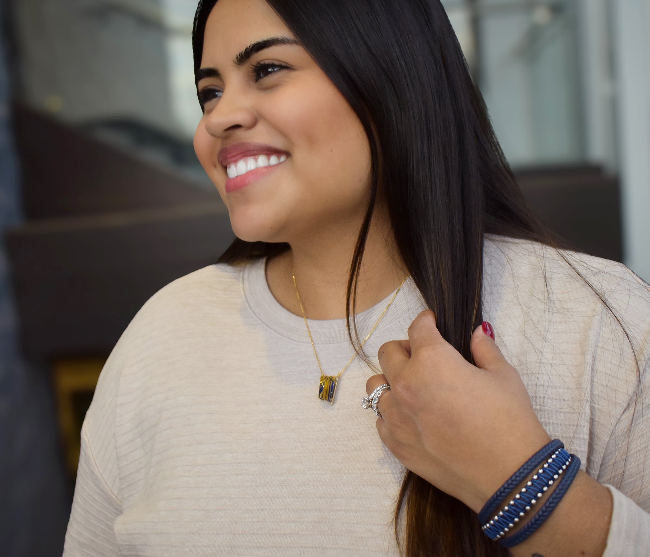 Double Bar Rutilated Quartz Lapis Gold Necklace