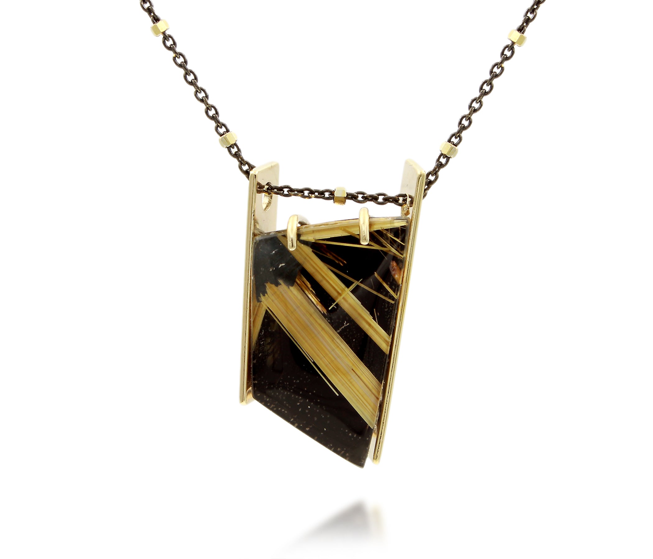 Double Bar Rutilated Quartz Onyx Gold Necklace