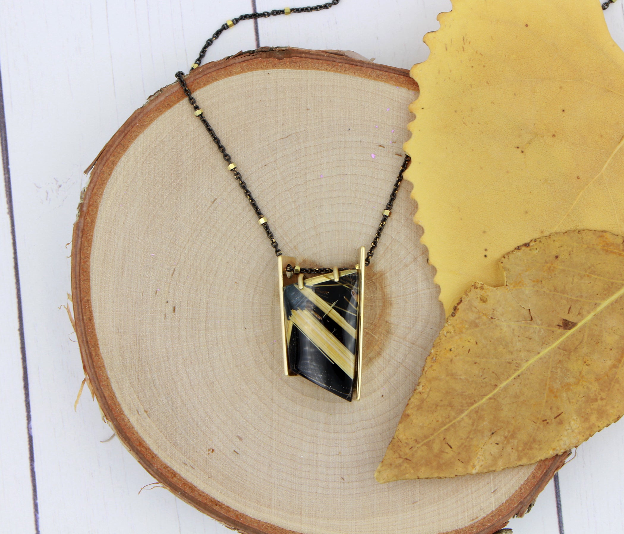 Double Bar Rutilated Quartz Onyx Gold Necklace