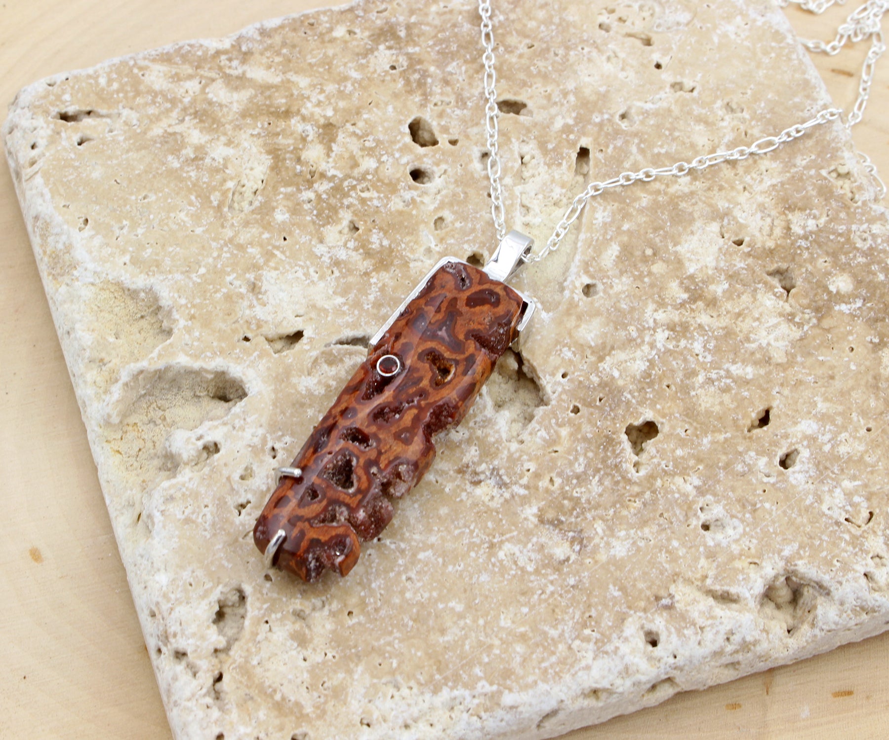 Petrified Wood Rectangular Druzy Necklace