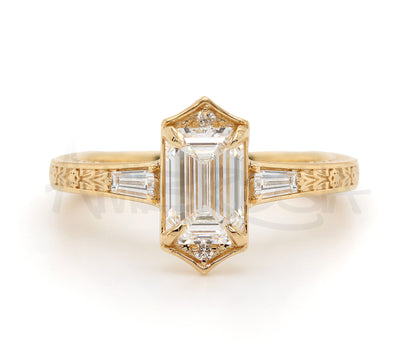 Emerald Diamond Vintage Engraved Engagement Ring