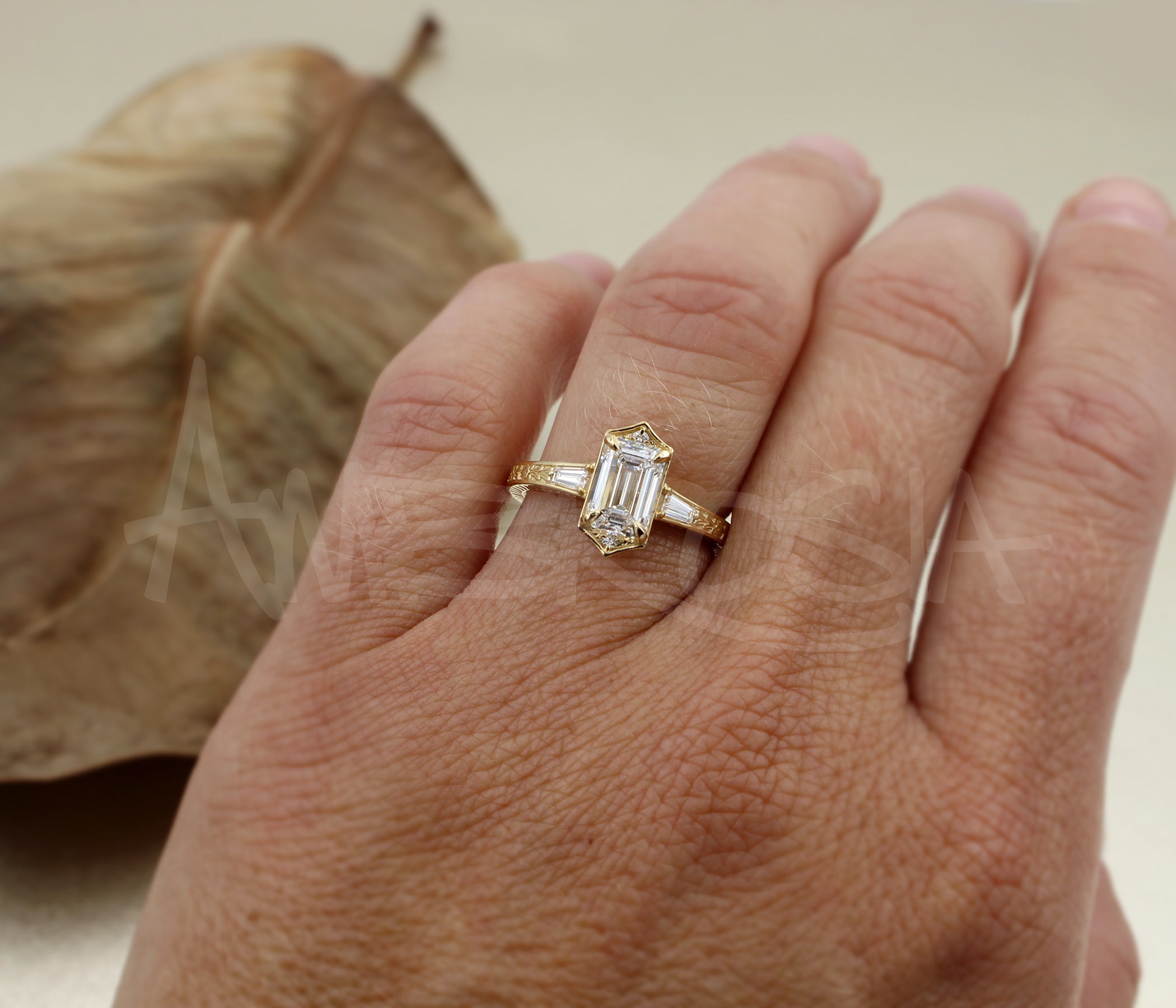 Emerald Diamond Vintage Engraved Engagement Ring