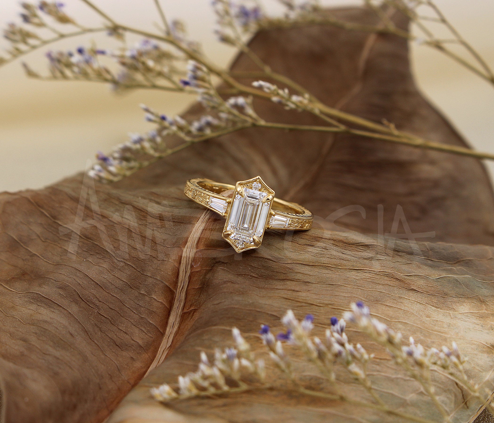 Emerald Diamond Vintage Engraved Engagement Ring