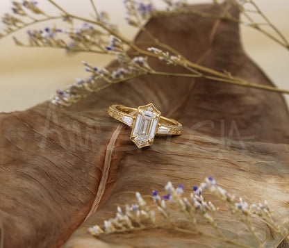 Emerald Diamond Vintage Engraved Engagement Ring