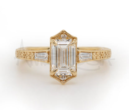Emerald Diamond Vintage Engraved Engagement Ring