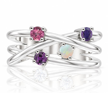 Modern Intertwined Birthstone Silver Ring