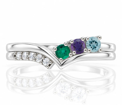 Offset V-Shape Birthstone Silver Ring
