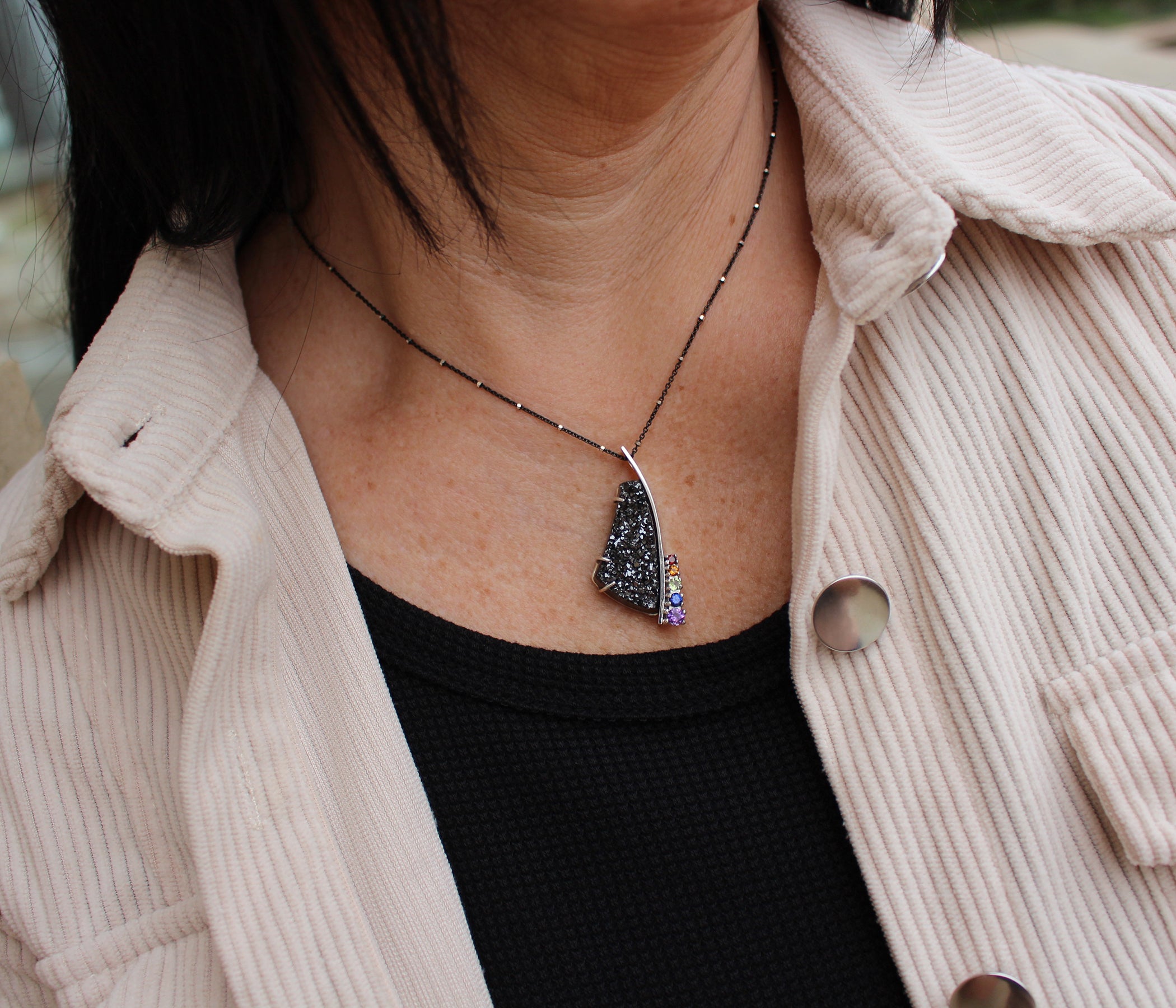 Freeform Rainbow Black Druzy Necklace