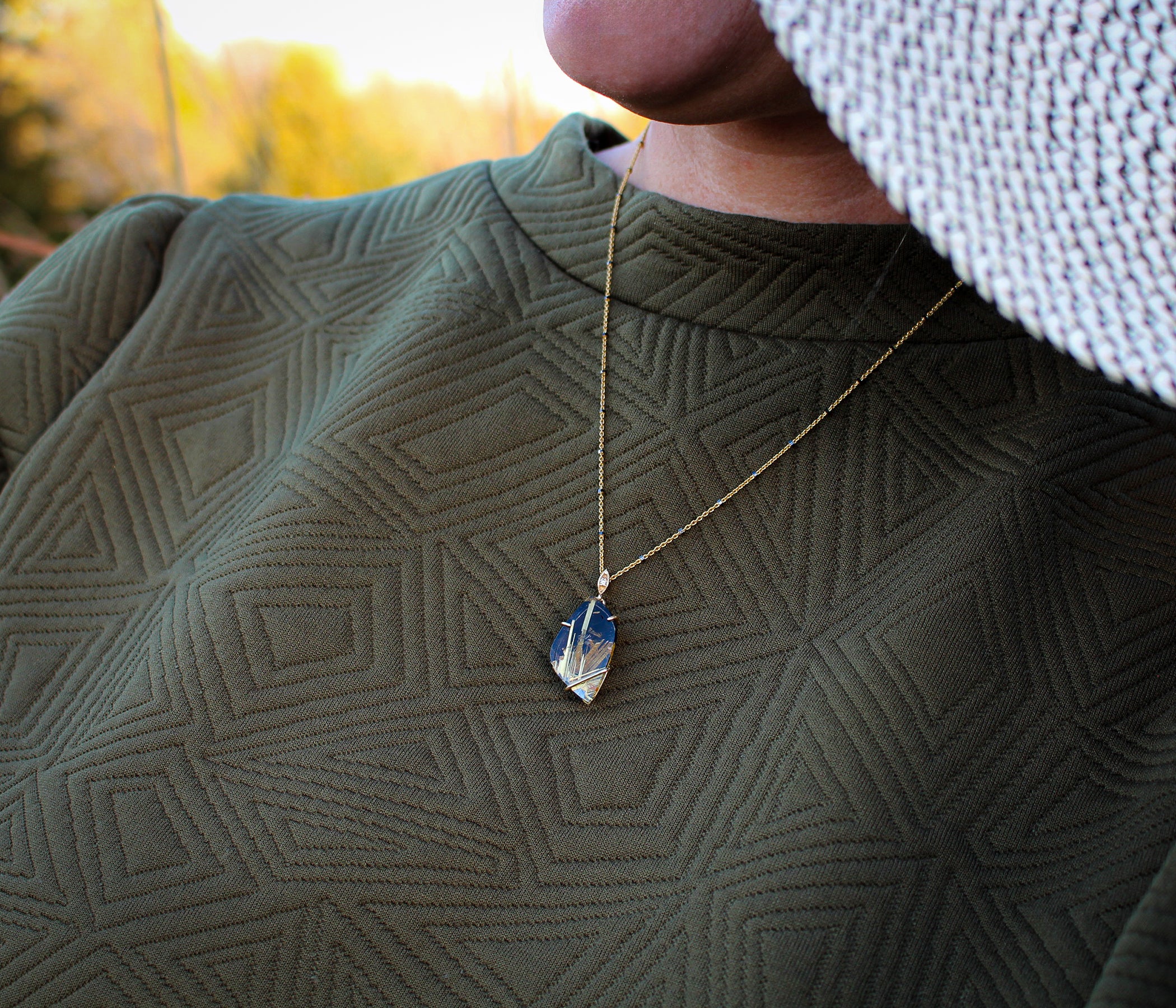 Freeform Rutilated Quartz Onyx Gold Necklace