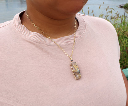 Golden Rutilated Quartz Rectangular Gold Necklace