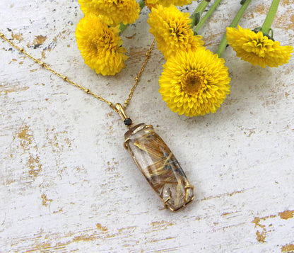Golden Rutilated Quartz Rectangular Gold Necklace