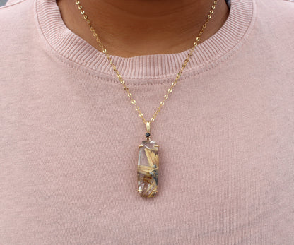 Golden Rutilated Quartz Rectangular Gold Necklace