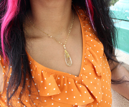 Golden Rutilated Quartz Long Teardrop Necklace