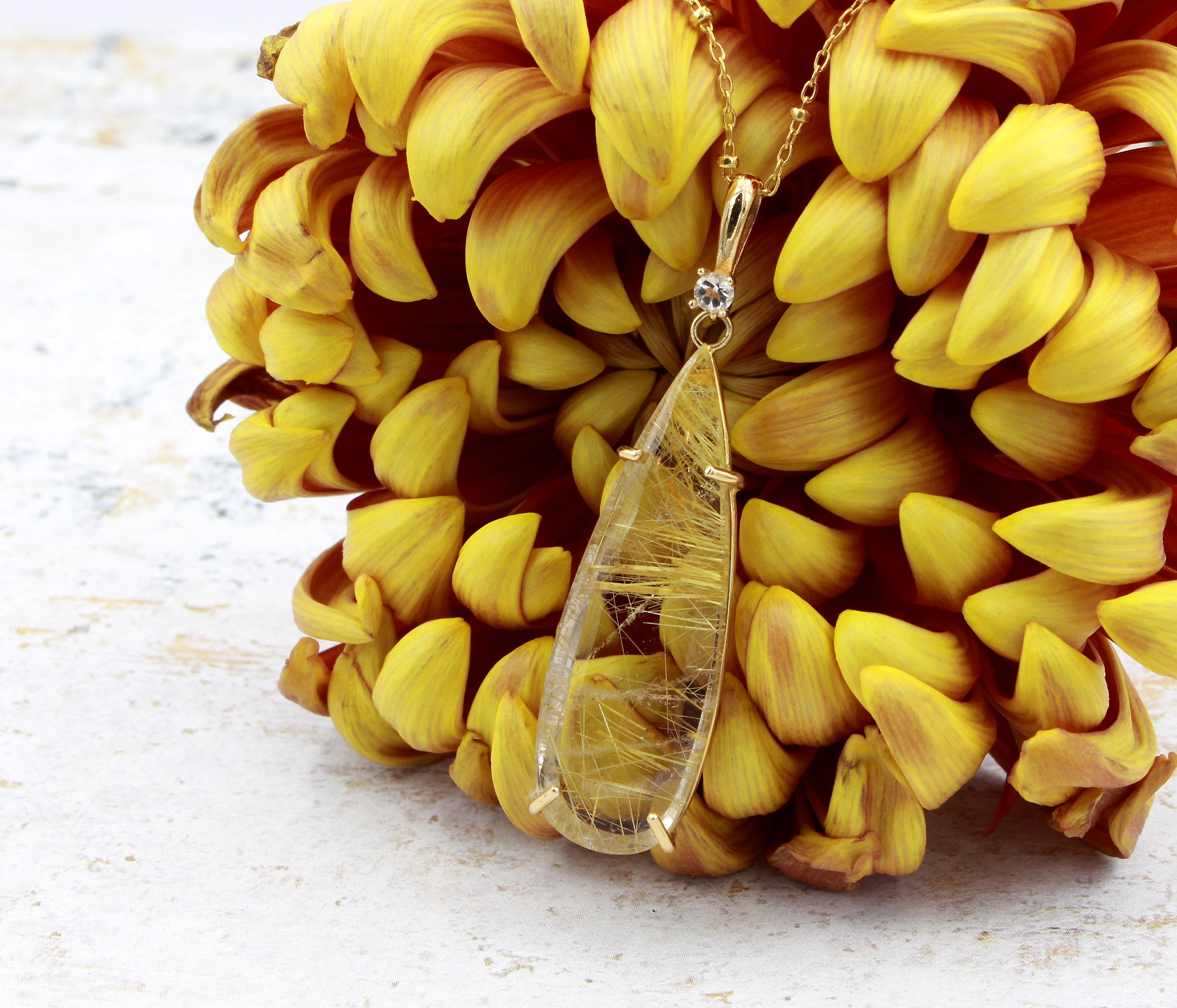 Golden Rutilated Quartz Long Teardrop Necklace