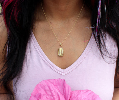 Golden Rutilated Quartz Small Rectangular Gold Necklace