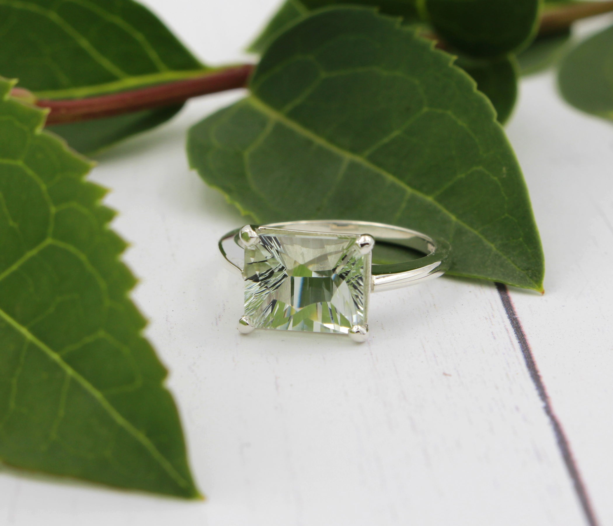 Starburst Green Amethyst Rectangle Solitaire Ring