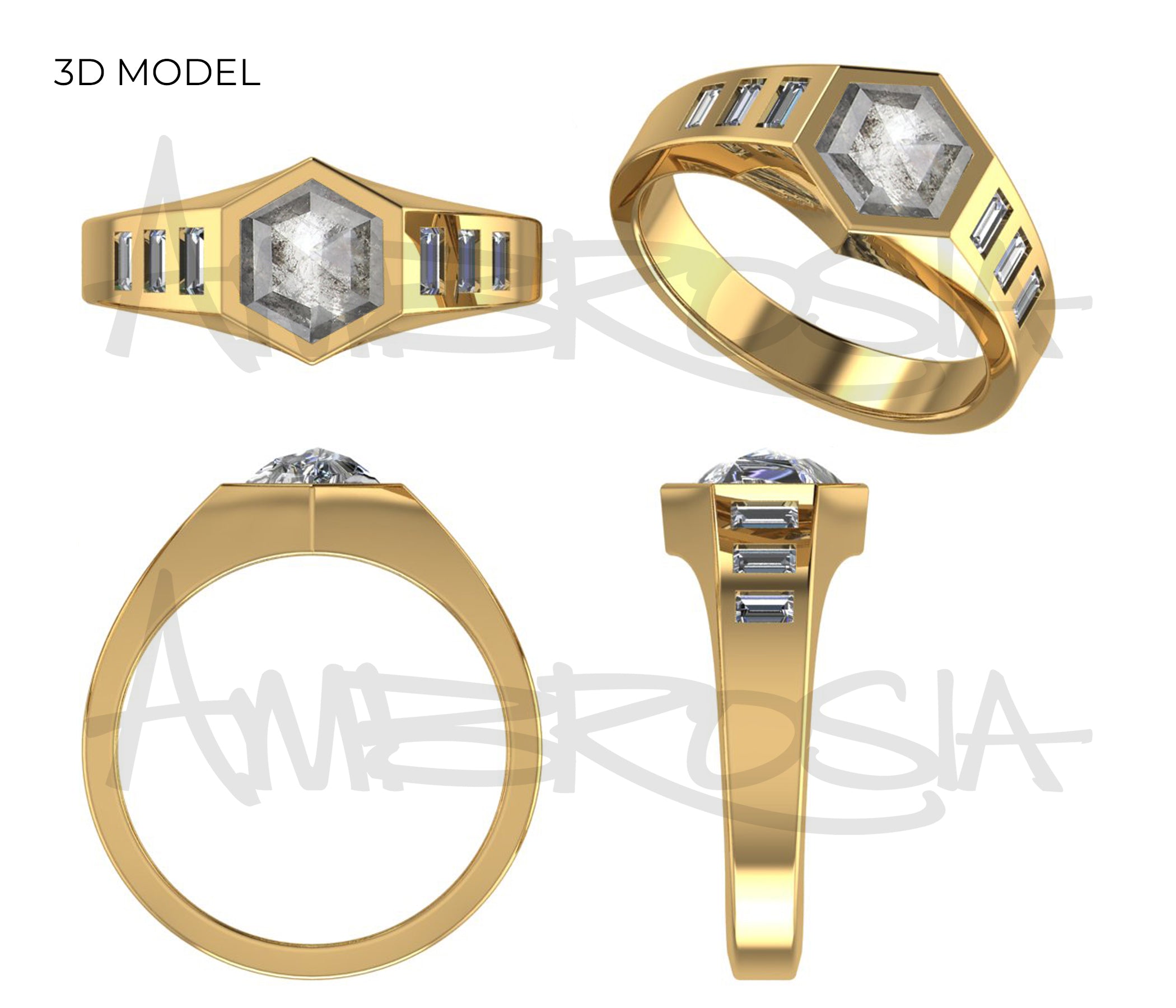 Hexagon Pepper Diamond Men's Gold Wedding Ring 3D Model