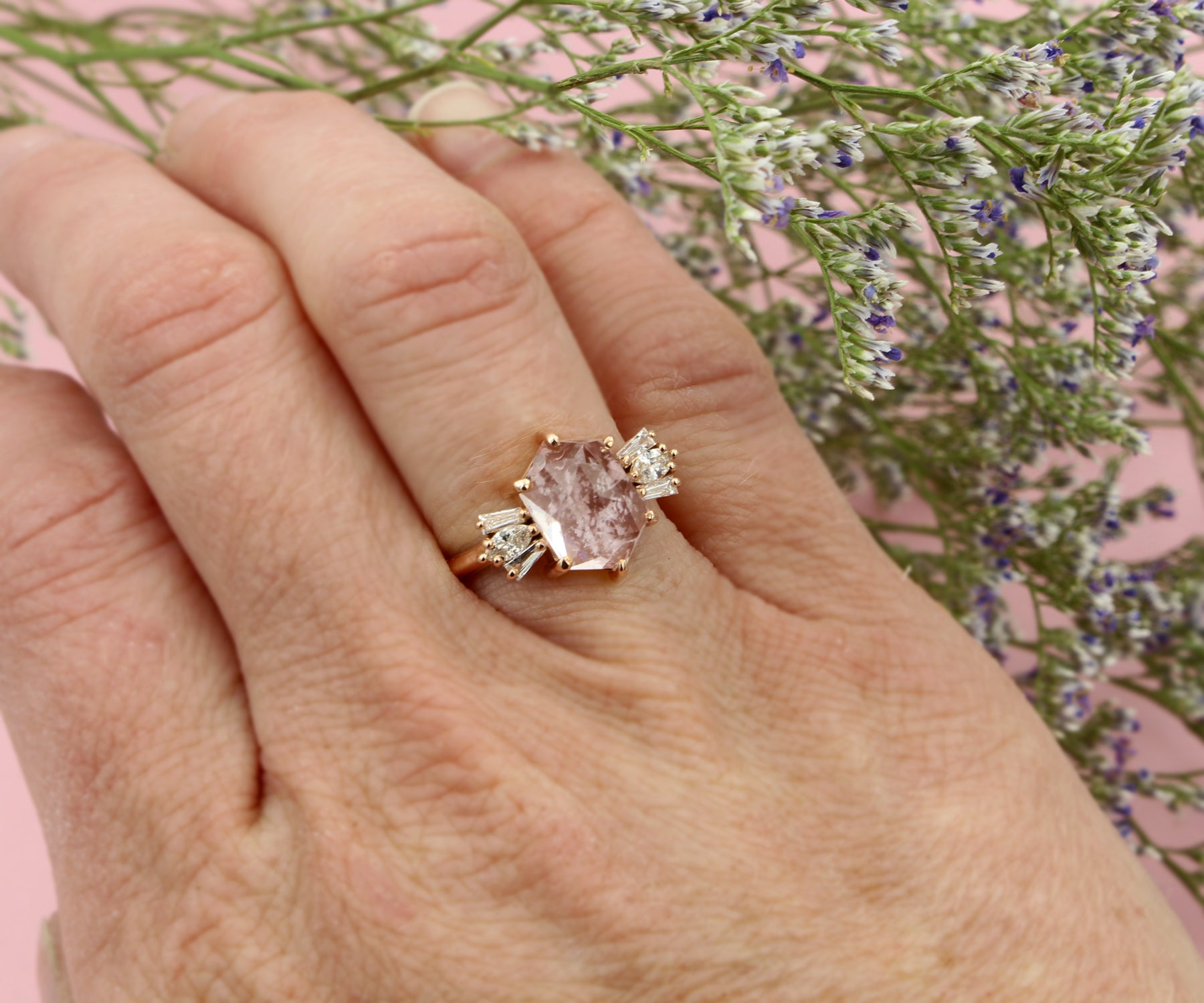 Geometric Morganite Diamond Art Deco Rose Gold Ring