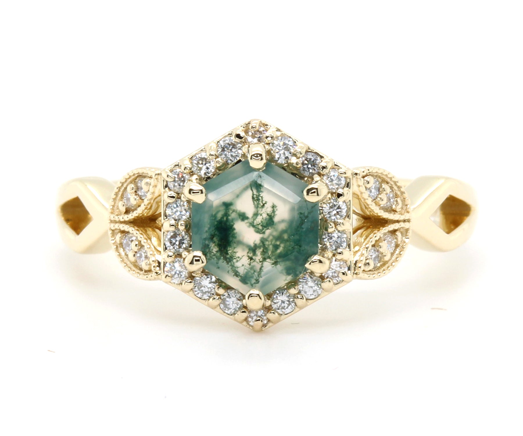 Hexagon Moss Agate Halo Gold Art Deco Ring