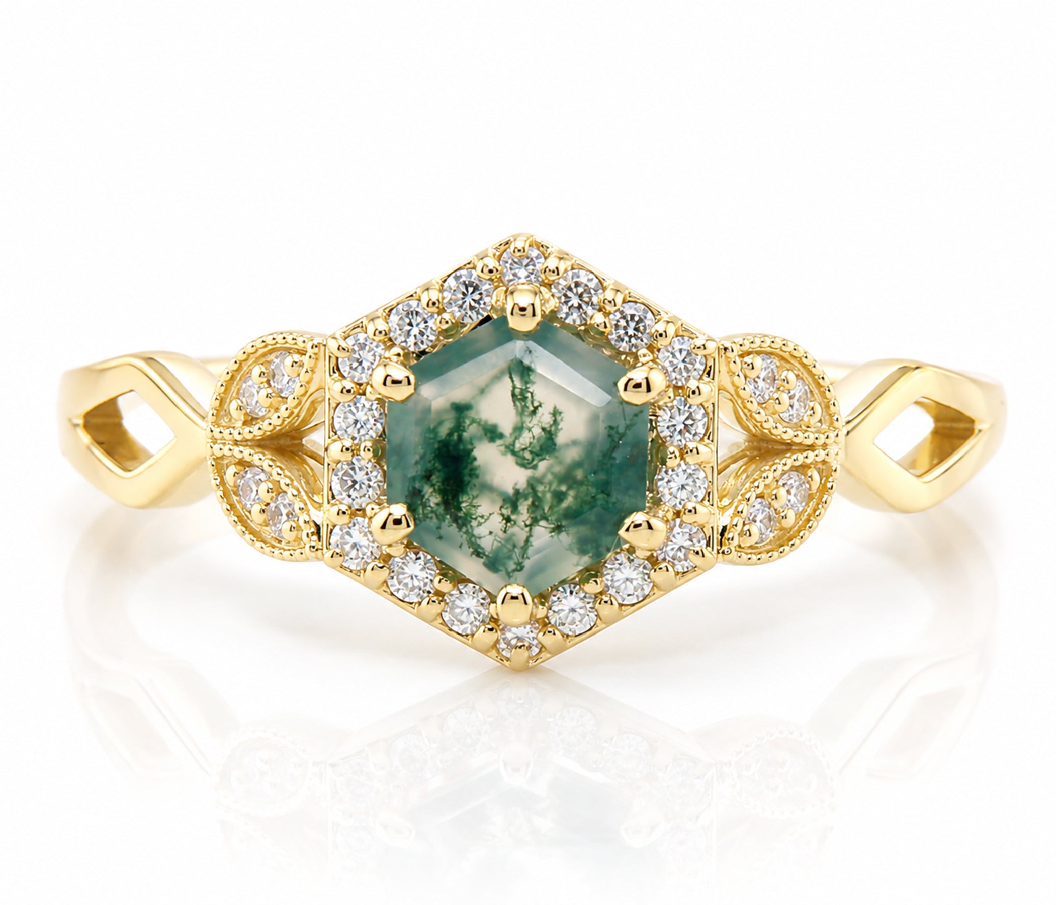 Hexagon Moss Agate Halo Gold Art Deco Ring
