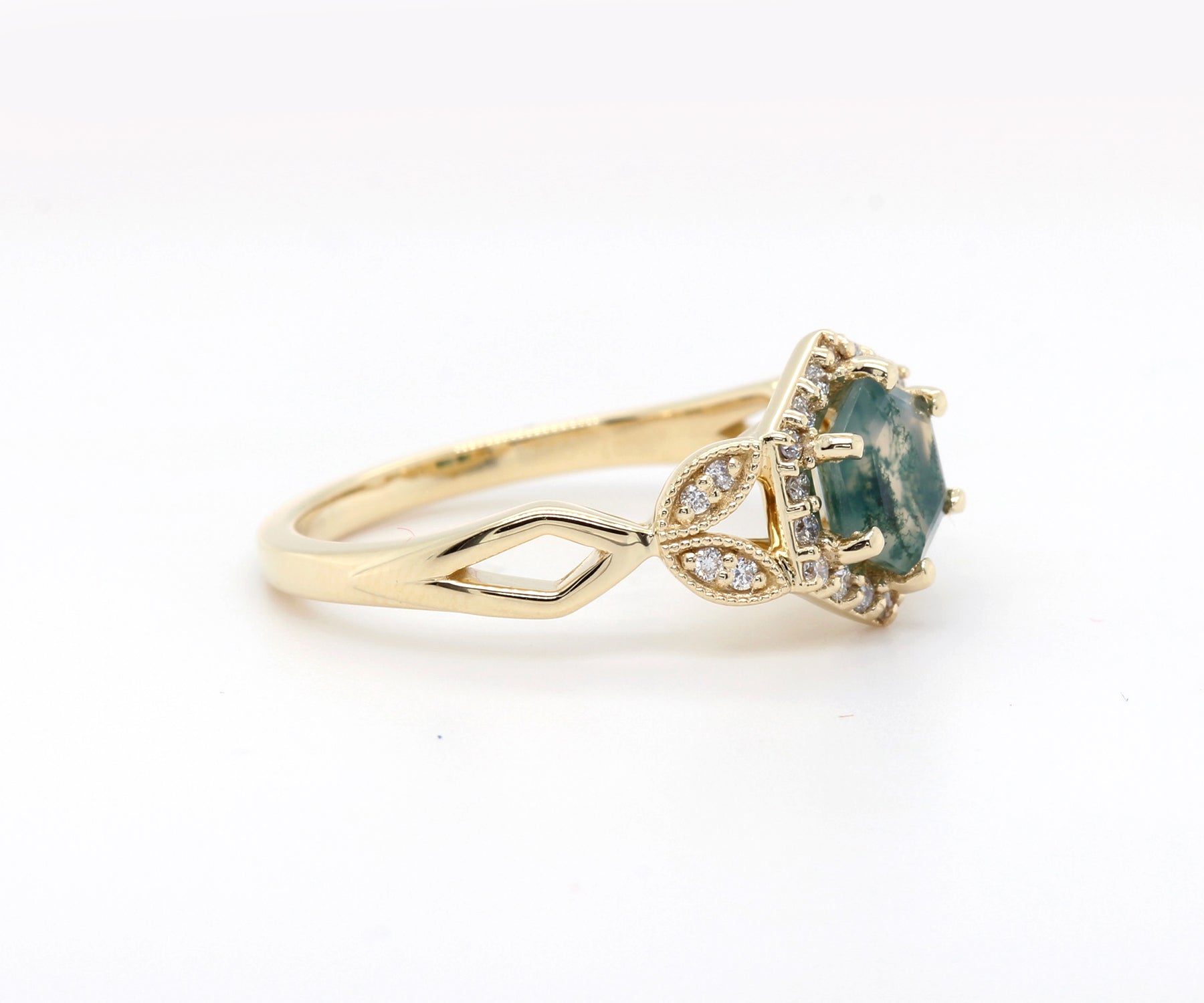 Hexagon Moss Agate Halo Gold Art Deco Ring