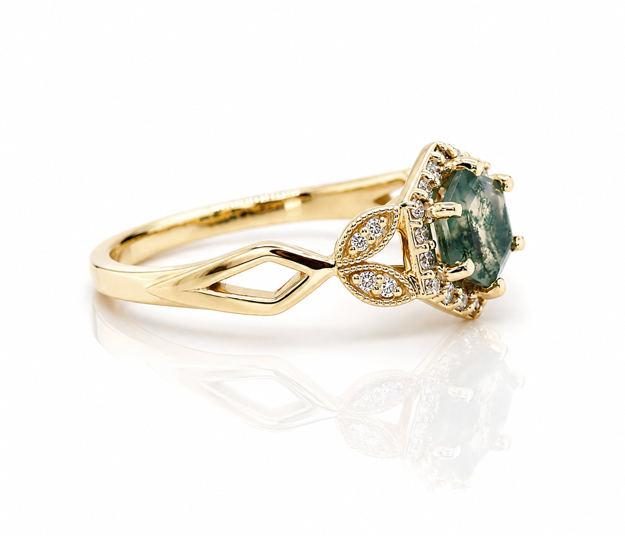 Hexagon Moss Agate Halo Gold Art Deco Ring