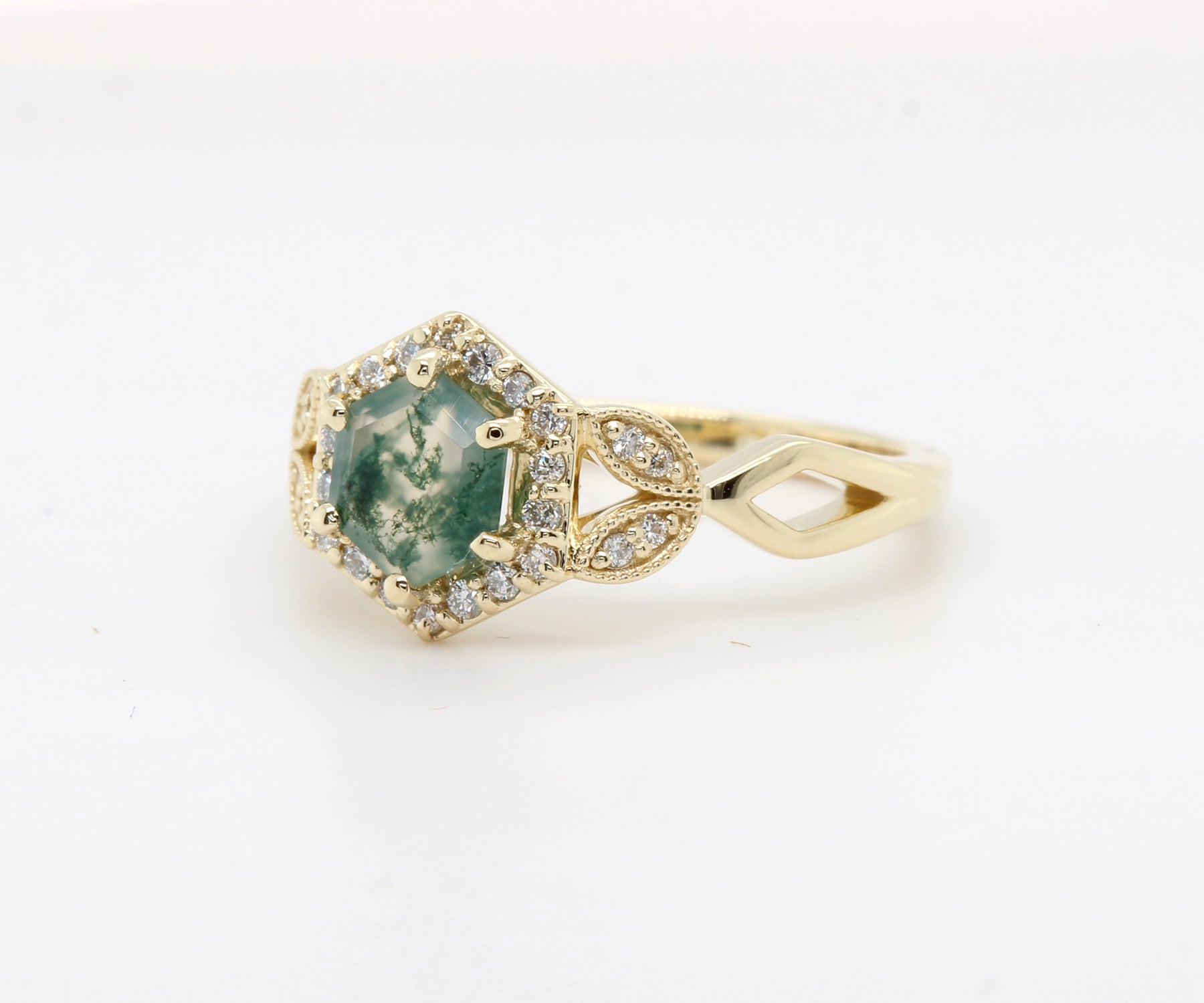 Hexagon Moss Agate Halo Gold Art Deco Ring